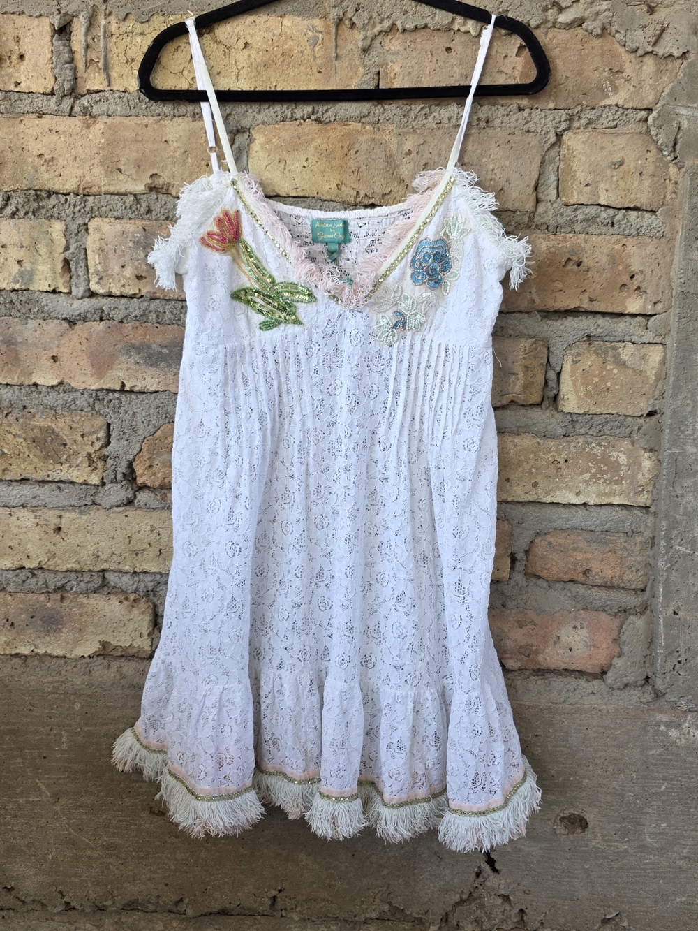 Antica Sartoria Positano White Floral Lace Beaded Sequined Mini Dress L